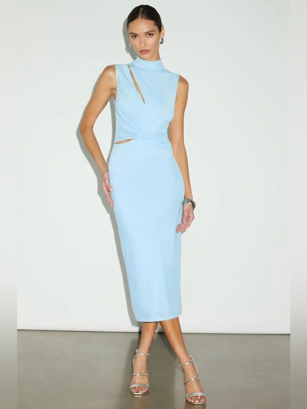 LULUS Powder Blue Mesh Ruched Cutout Mockneck Y2K Scandi Girl Bodycon Dress L - Picture 1 of 8